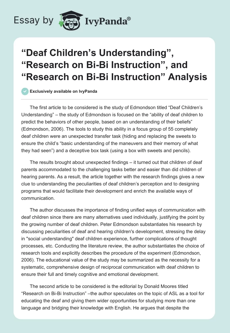 “Deaf Children’s Understanding”, “Research on Bi-Bi Instruction”, and “Research on Bi-Bi Instruction” Analysis. Page 1