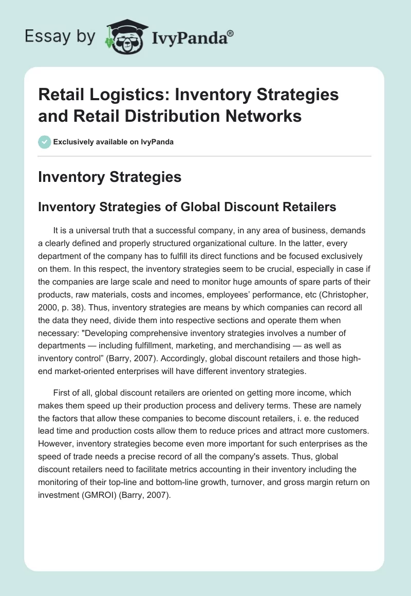 Retail Logistics: Inventory Strategies and Retail Distribution Networks. Page 1