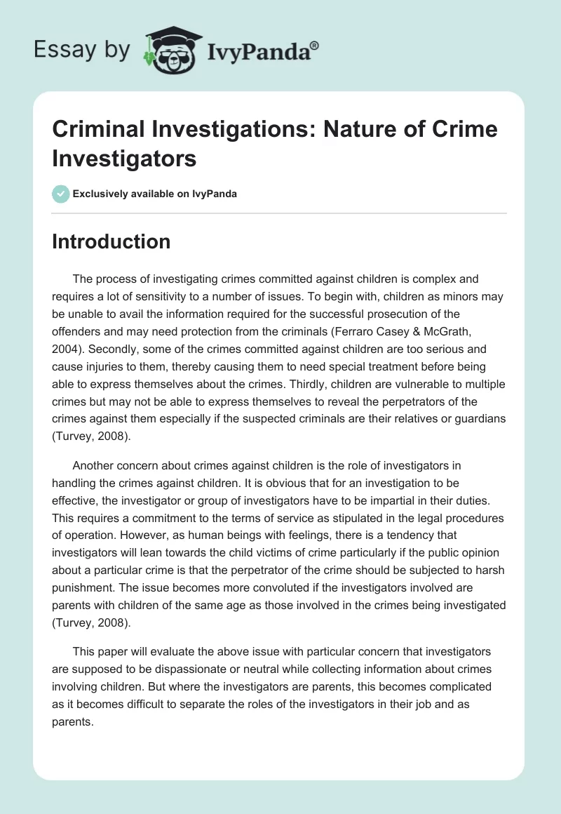 Criminal Investigations: Nature of Crime Investigators. Page 1