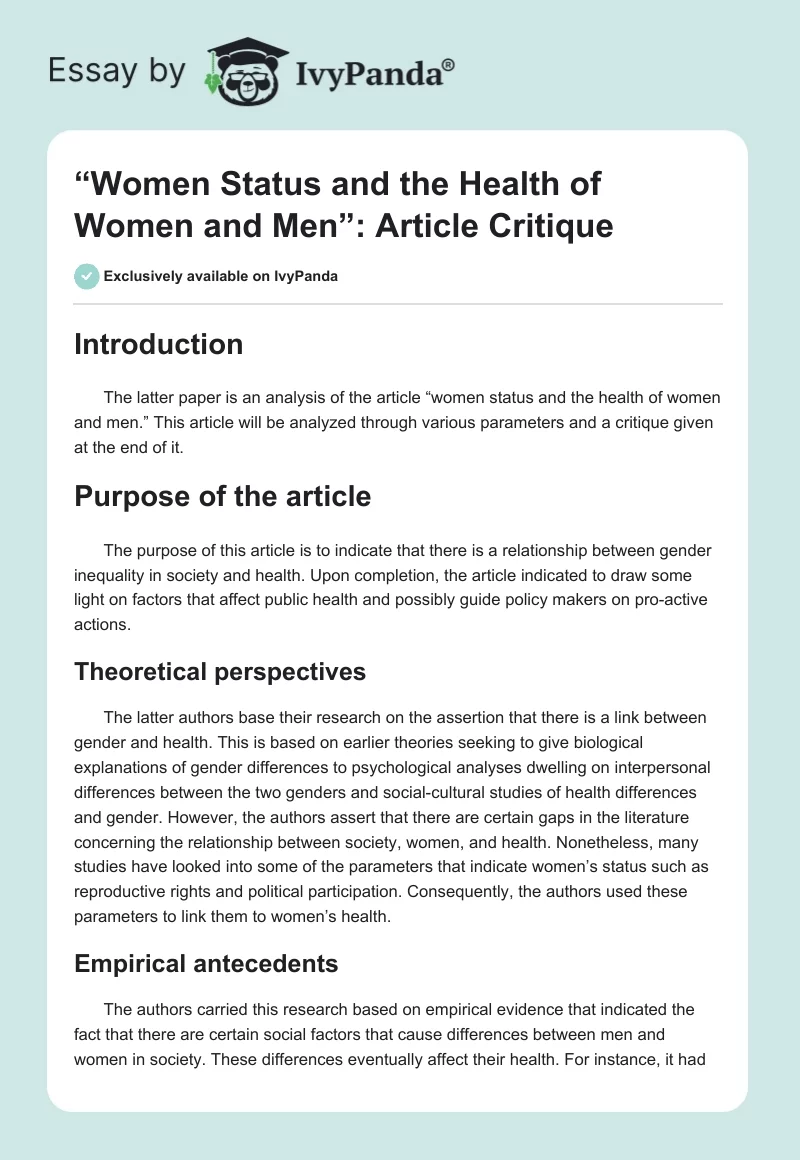 “Women Status and the Health of Women and Men”: Article Critique. Page 1
