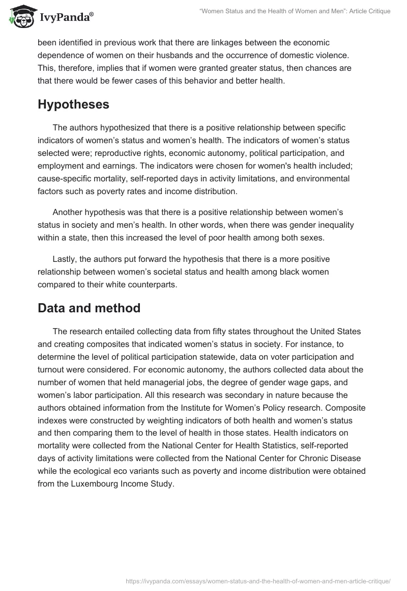 “Women Status and the Health of Women and Men”: Article Critique. Page 2
