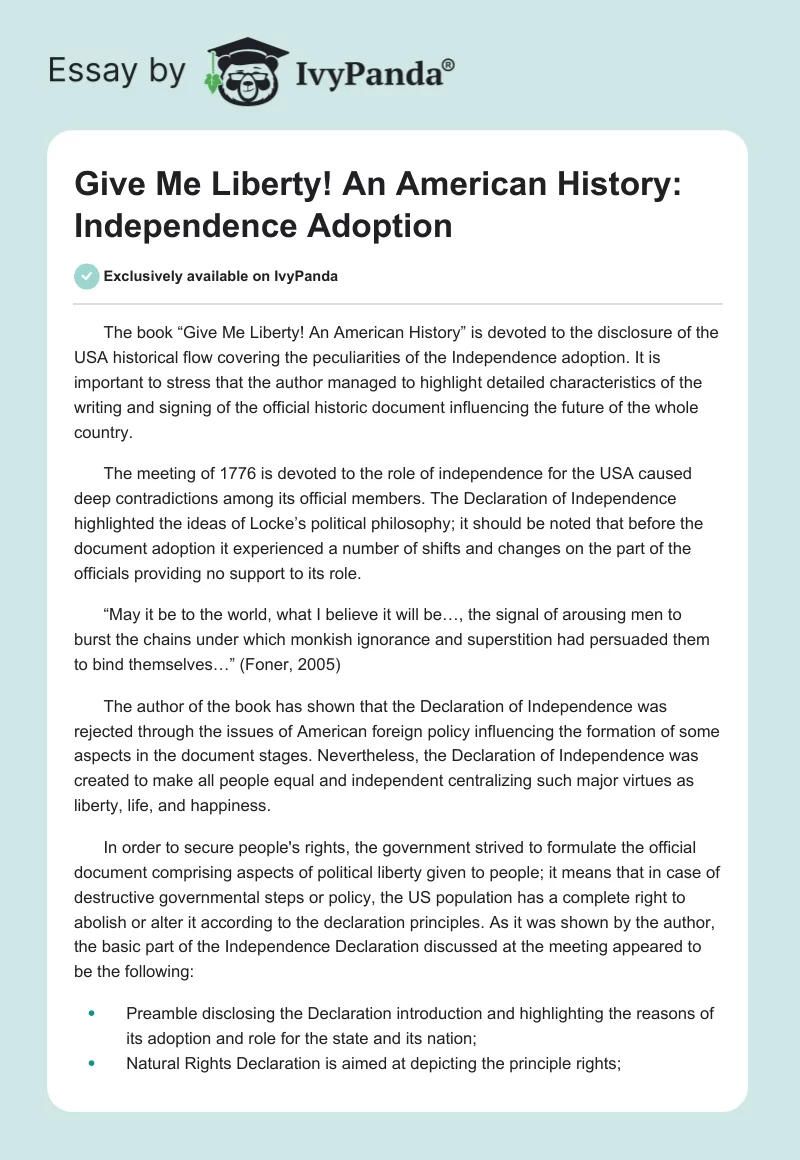 Give Me Liberty! An American History: Independence Adoption. Page 1