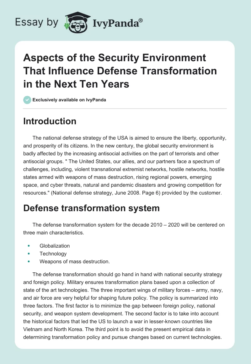 Aspects of the Security Environment That Influence Defense Transformation in the Next Ten Years. Page 1