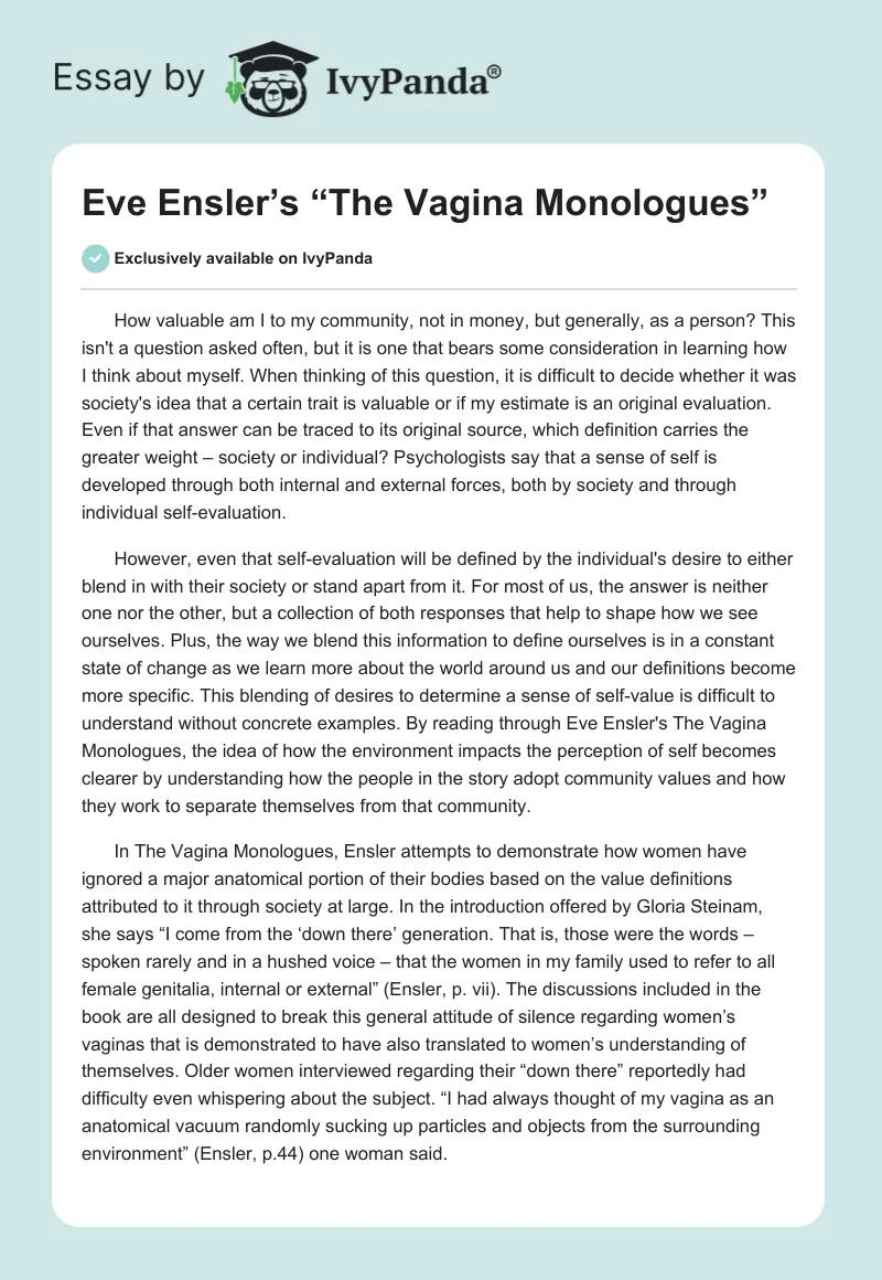 Eve Ensler’s “The Vagina Monologues”. Page 1