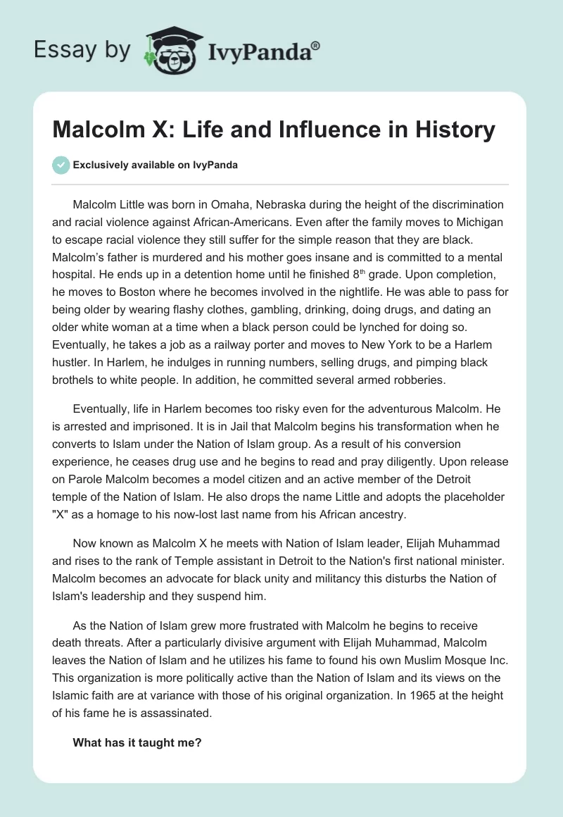 Malcolm X: Life and Influence in History. Page 1
