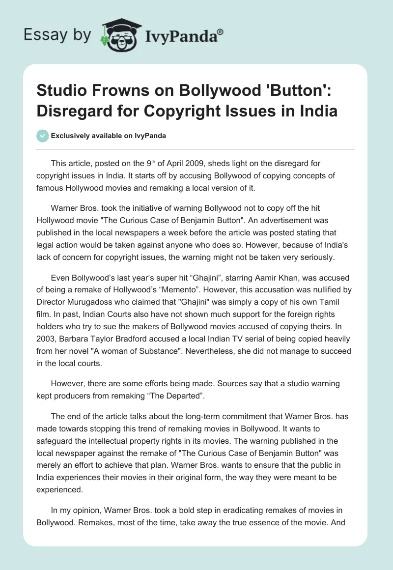 Studio Frowns on Bollywood 'Button': Disregard for Copyright Issues in India. Page 1