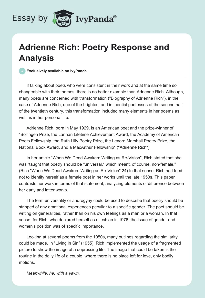 Adrienne Rich: Poetry Response and Analysis. Page 1