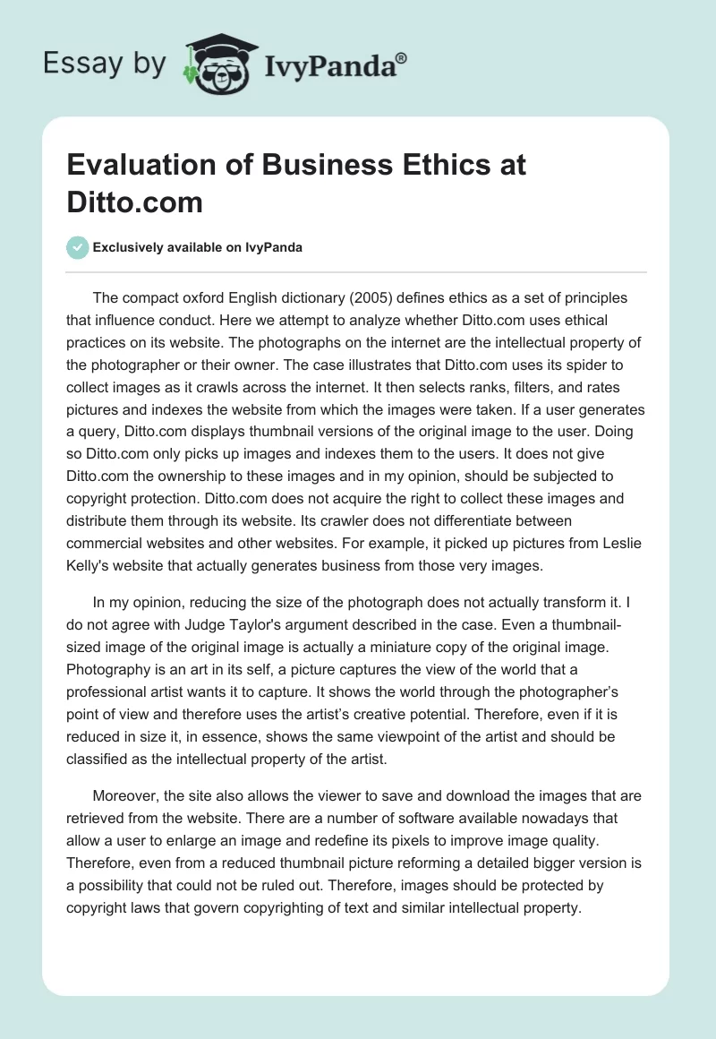 Evaluation of Business Ethics at Ditto.com. Page 1