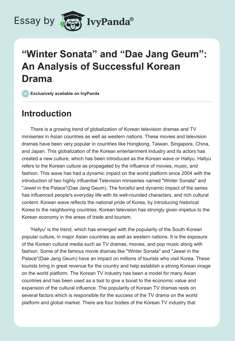 “Winter Sonata” and “Dae Jang Geum”: An Analysis of Successful Korean Drama. Page 1