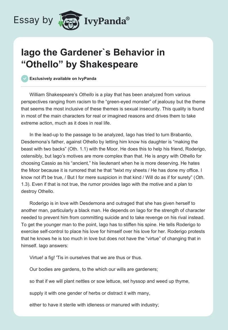 Iago the Gardener`s Behavior in “Othello” by Shakespeare. Page 1