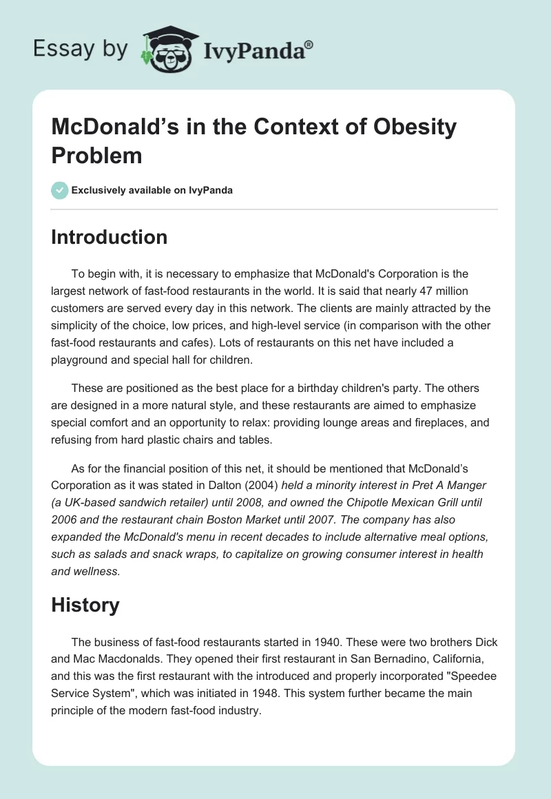 McDonald’s in the Context of Obesity Problem. Page 1