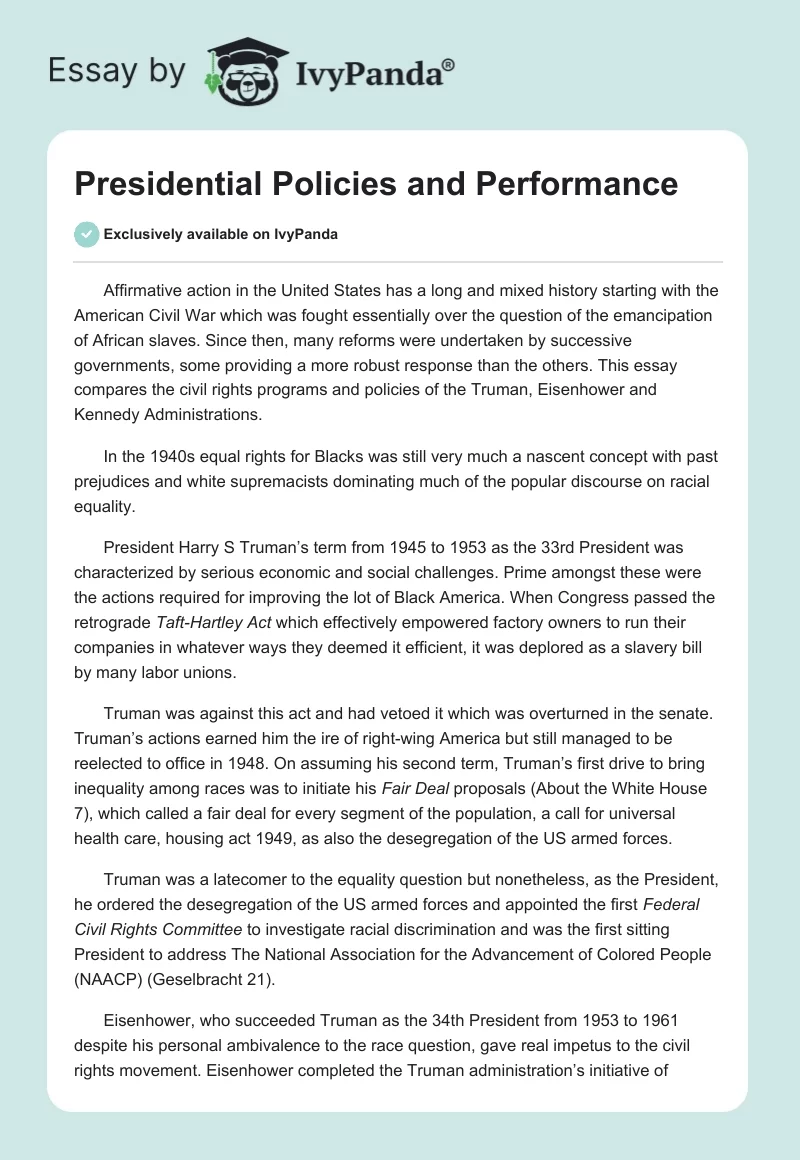 Presidential Policies and Performance. Page 1