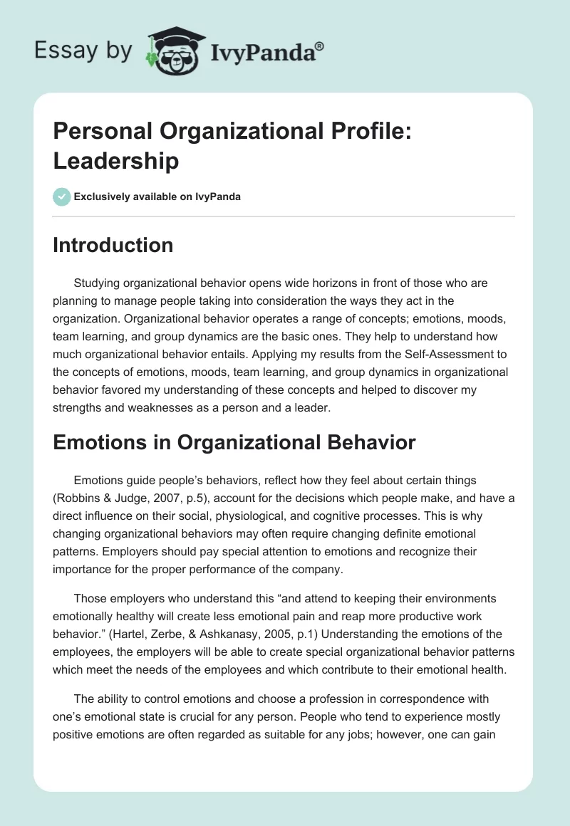 Personal Organizational Profile: Leadership. Page 1