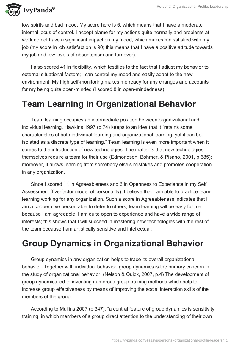 Personal Organizational Profile: Leadership. Page 3