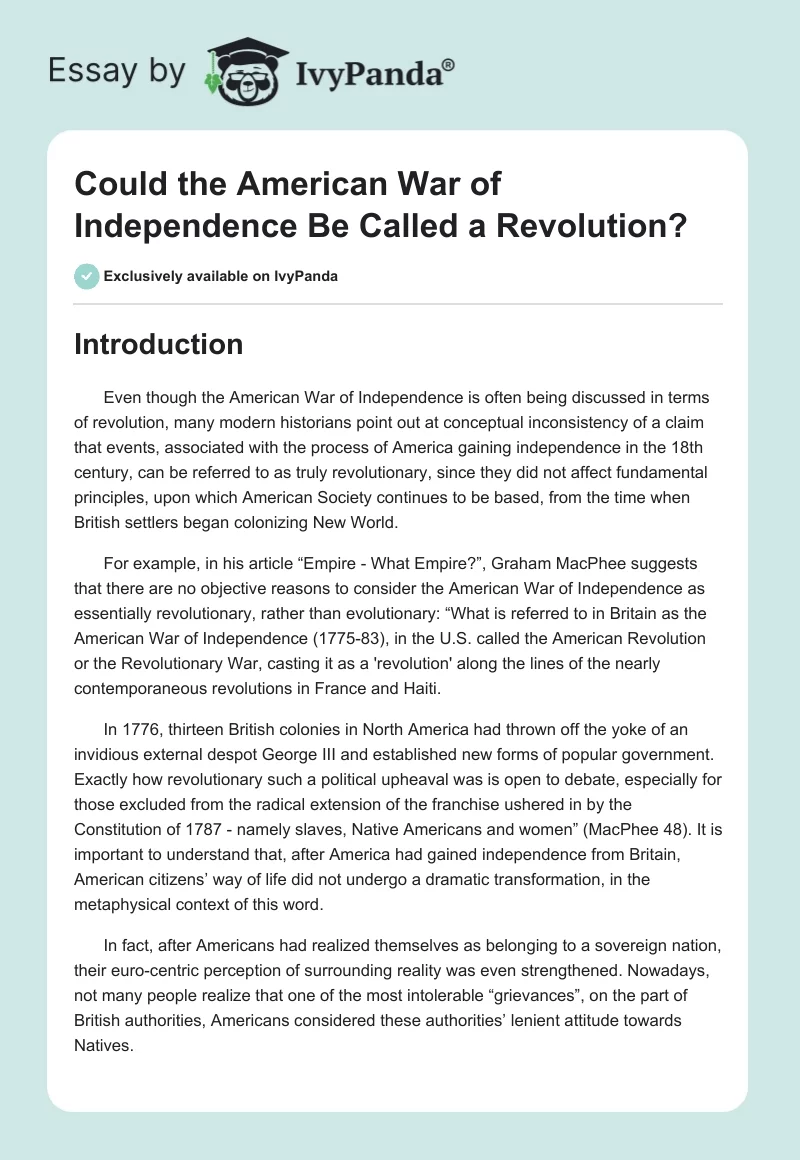 Could the American War of Independence Be Called a Revolution?. Page 1