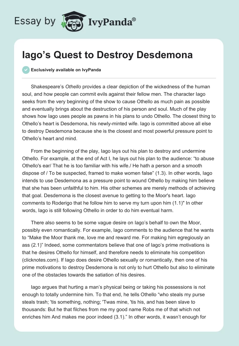 Iago’s Quest to Destroy Desdemona. Page 1