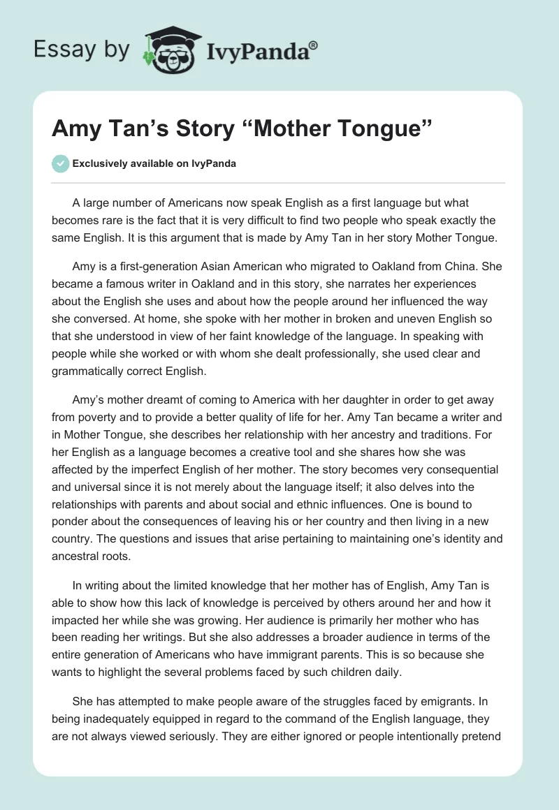 Amy Tan’s Story “Mother Tongue”. Page 1