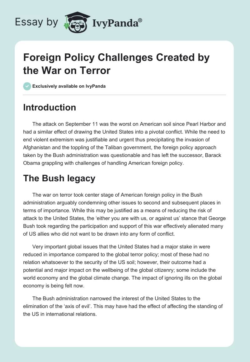Foreign Policy Challenges Created by the War on Terror. Page 1