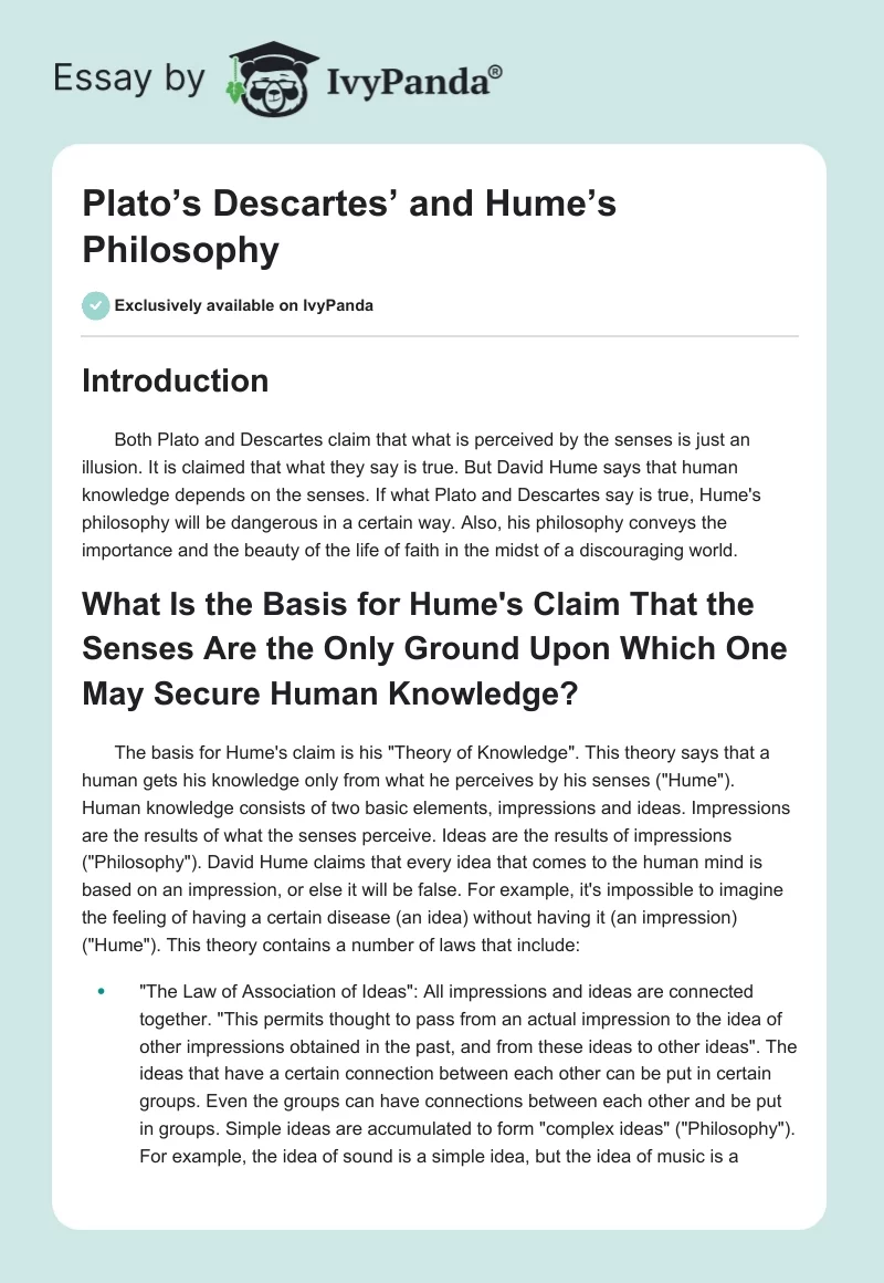 Plato’s Descartes’ and Hume’s Philosophy. Page 1