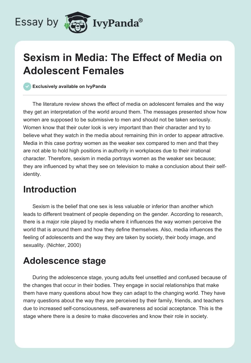 Sexism in Media: The Effect of Media on Adolescent Females. Page 1