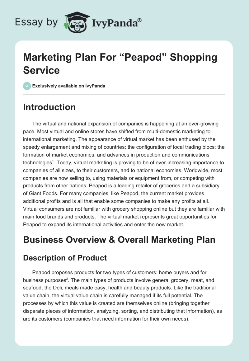 Marketing Plan For “Peapod” Shopping Service. Page 1