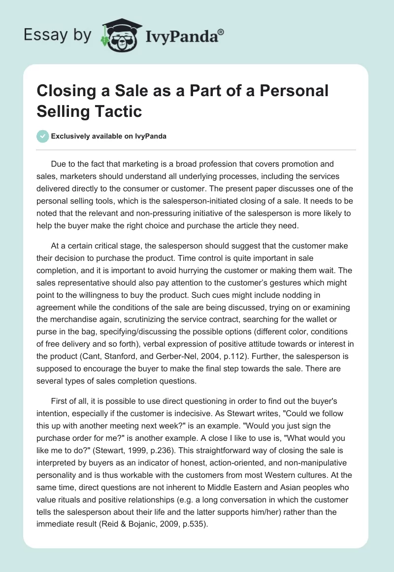 Closing a Sale as a Part of a Personal Selling Tactic. Page 1