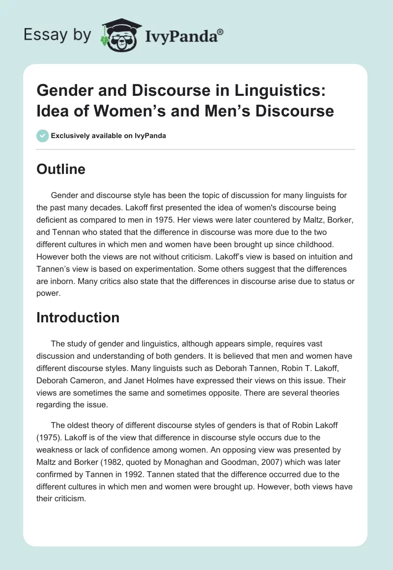 Gender and Discourse in Linguistics: Idea of Women’s and Men’s Discourse. Page 1