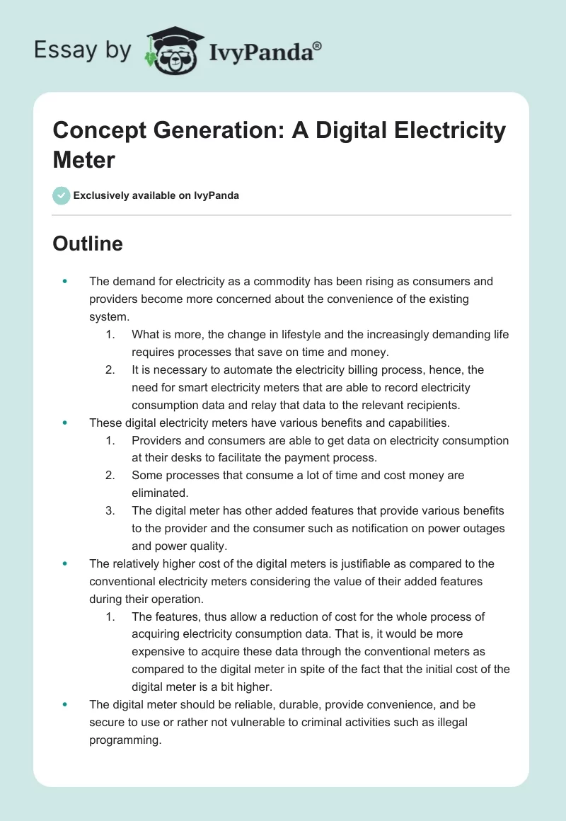 Concept Generation: A Digital Electricity Meter. Page 1