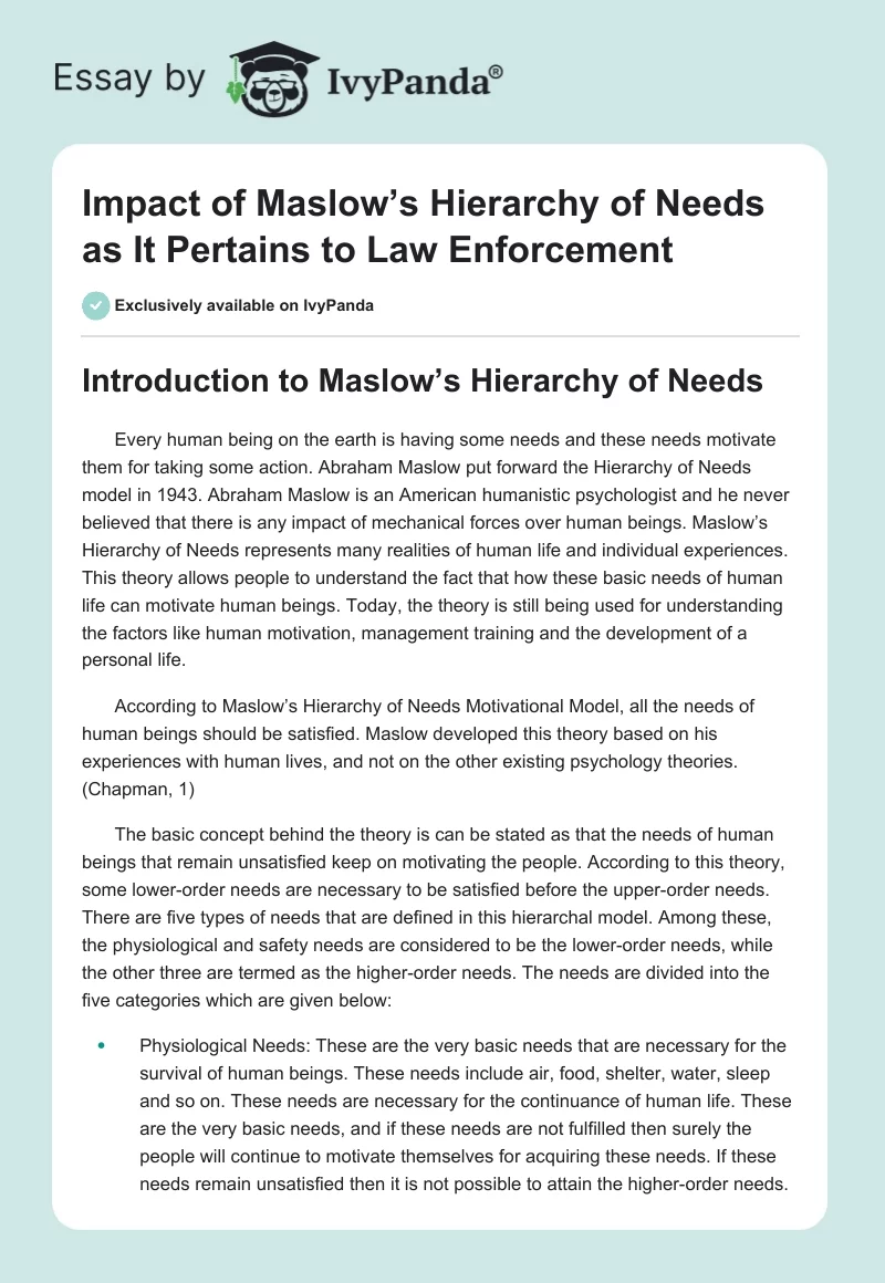 Impact of Maslow’s Hierarchy of Needs as It Pertains to Law Enforcement. Page 1