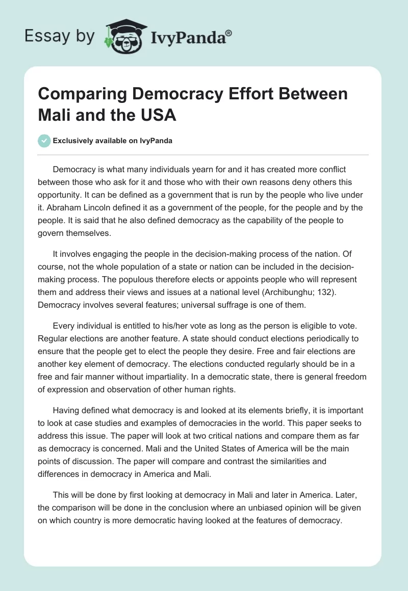 Comparing Democracy Effort Between Mali and the USA. Page 1