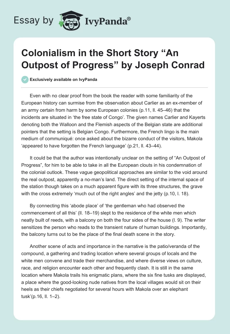 Colonialism in the Short Story “An Outpost of Progress” by Joseph Conrad. Page 1