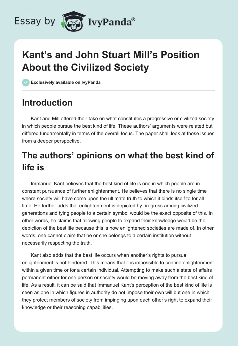 Kant’s and John Stuart Mill’s Position About the Civilized Society. Page 1