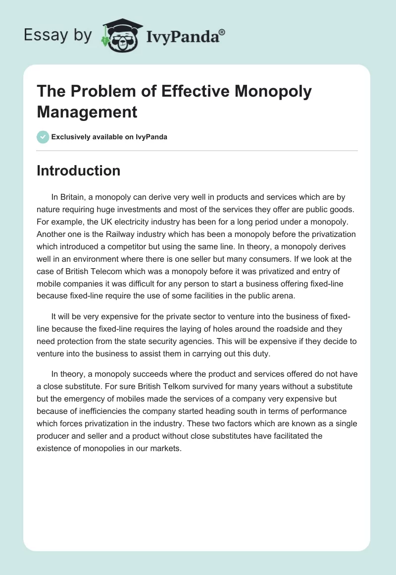 The Problem of Effective Monopoly Management. Page 1