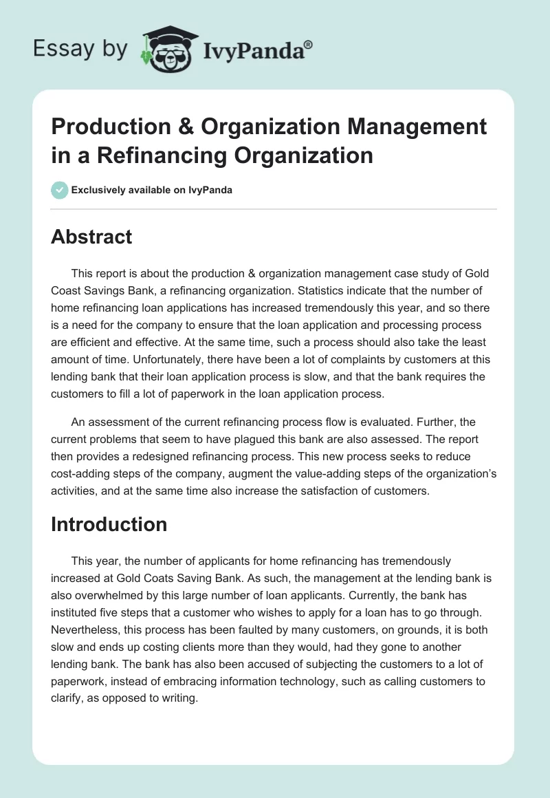 Production & Organization Management in a Refinancing Organization. Page 1