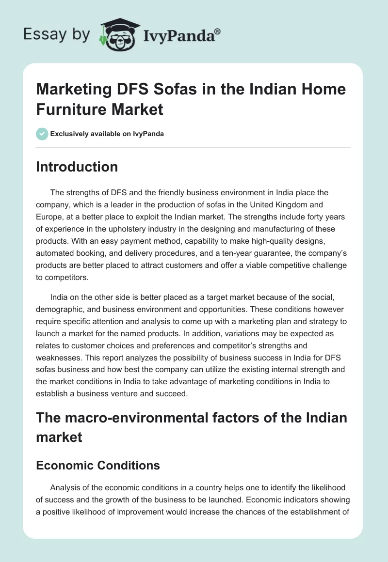 Marketing DFS Sofas in the Indian Home Furniture Market. Page 1