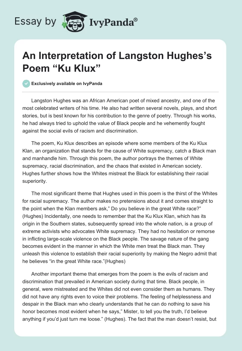An Interpretation of Langston Hughes’s Poem “Ku Klux”. Page 1