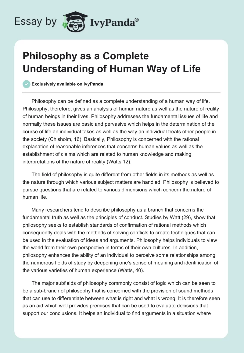 Philosophy as a Complete Understanding of Human Way of Life. Page 1