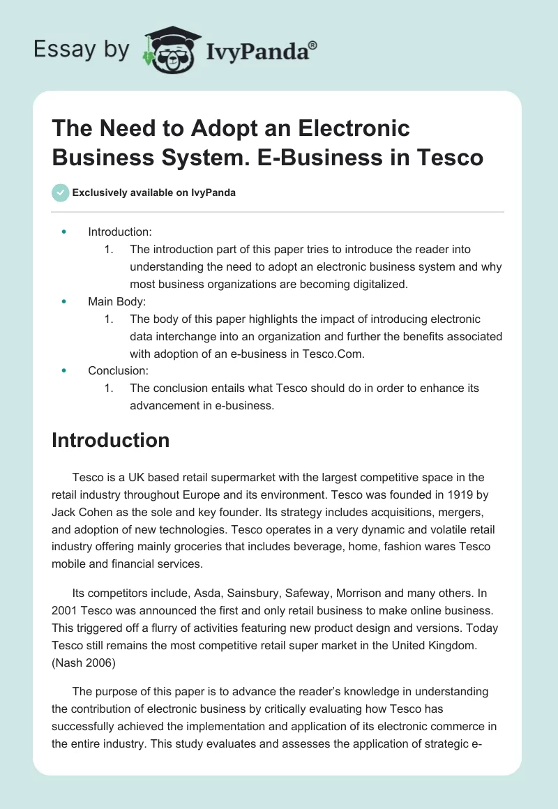The Need to Adopt an Electronic Business System. E-Business in Tesco. Page 1