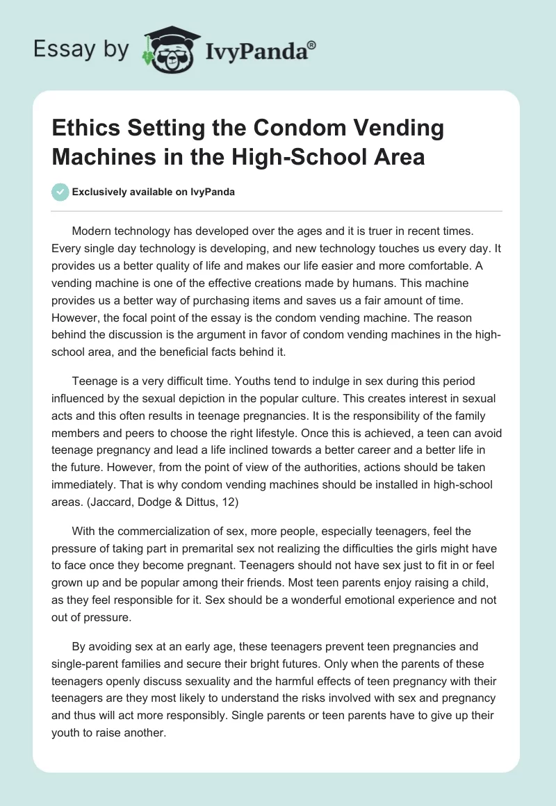 Ethics Setting the Condom Vending Machines in the High-School Area. Page 1