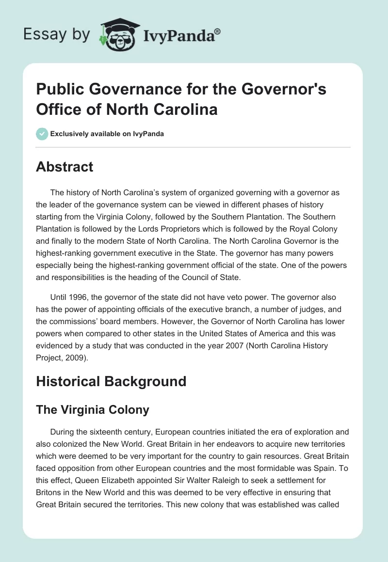 Public Governance for the Governor's Office of North Carolina. Page 1