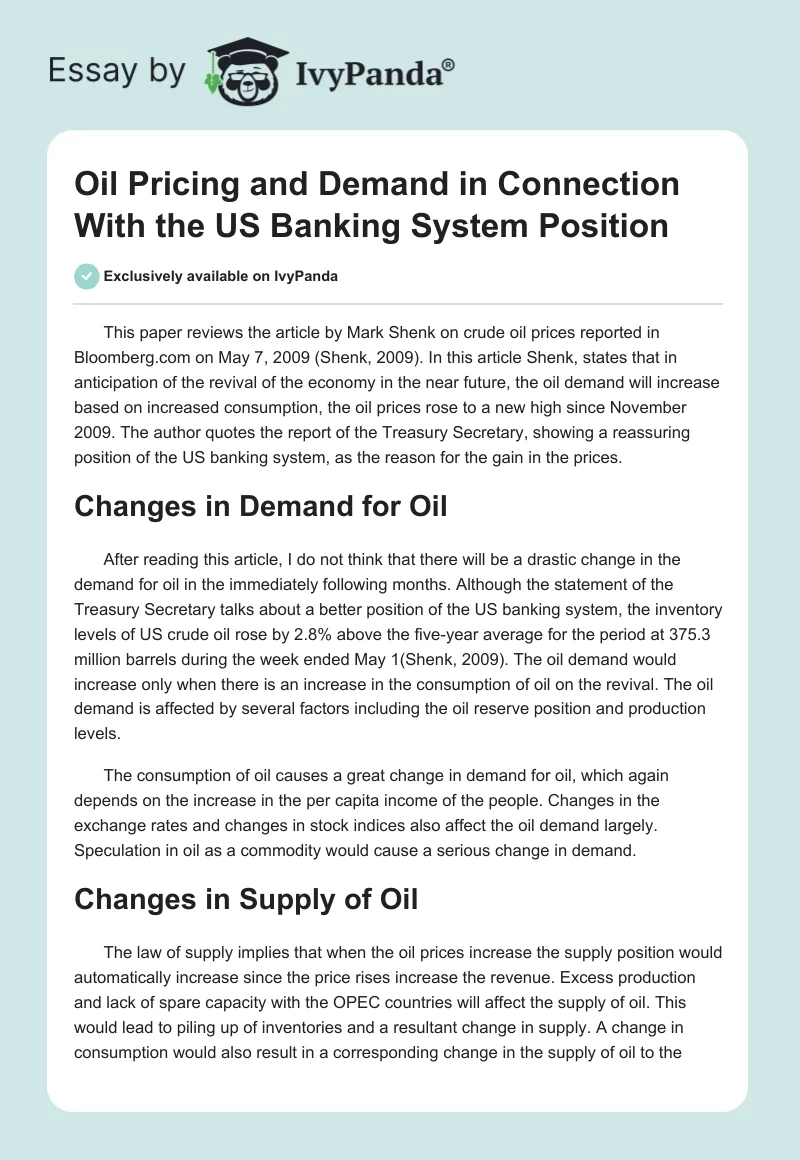 Oil Pricing and Demand in Connection With the US Banking System Position. Page 1