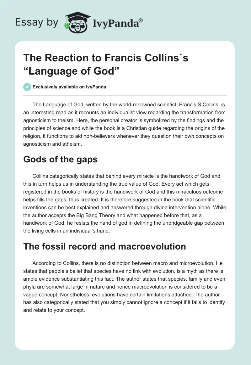 The Reaction to Francis Collins`s “Language of God”. Page 1