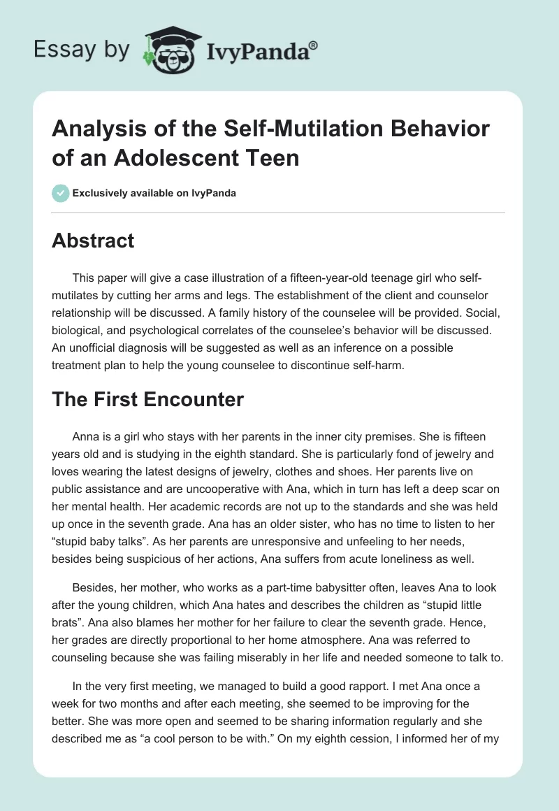 Analysis of the Self-Mutilation Behavior of an Adolescent Teen. Page 1