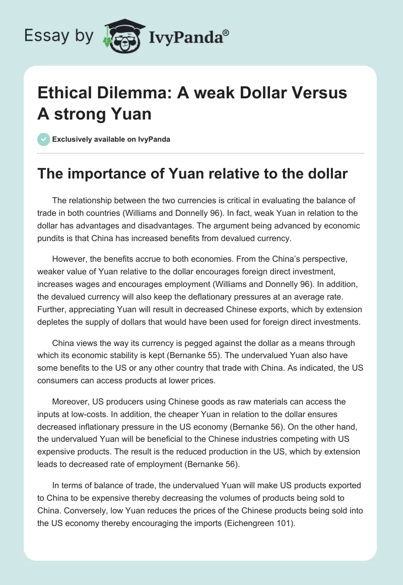 Ethical Dilemma: "A weak Dollar Versus A strong Yuan". Page 1