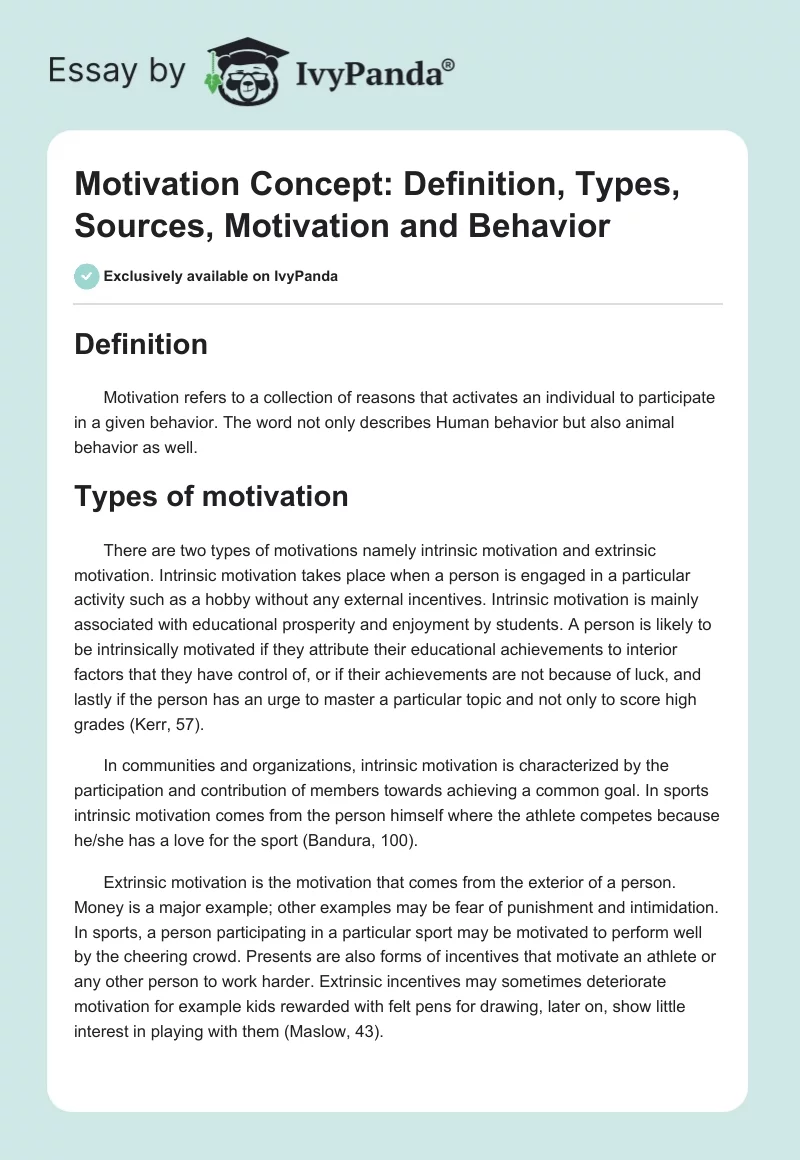 Motivation Concept: Definition, Types, Sources, Motivation and Behavior. Page 1