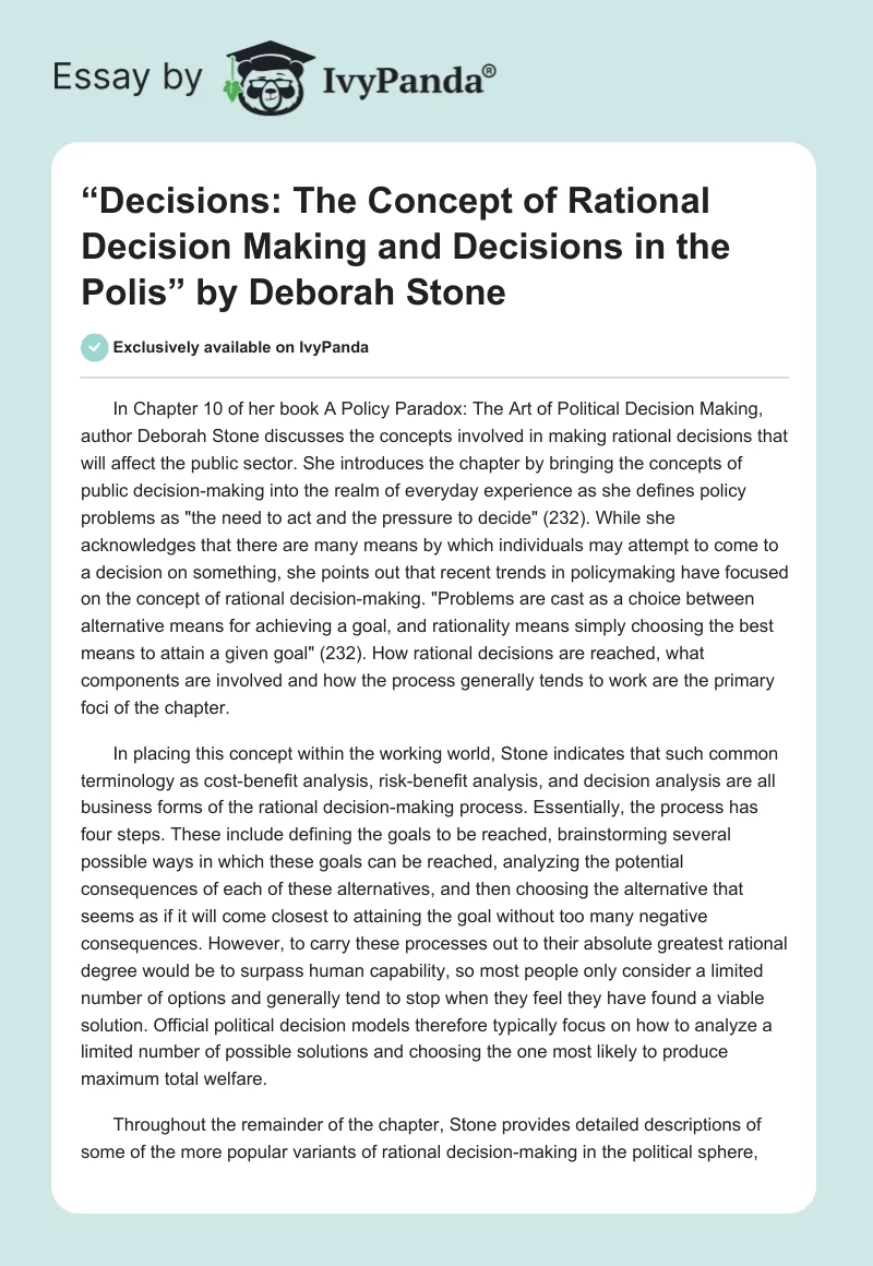“Decisions: The Concept of Rational Decision Making and Decisions in the Polis” by Deborah Stone. Page 1