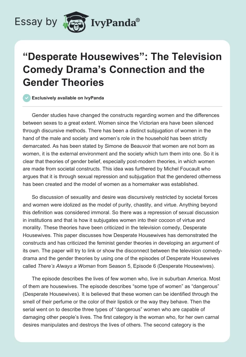 “Desperate Housewives”: The Television Comedy Drama’s Connection and the Gender Theories. Page 1