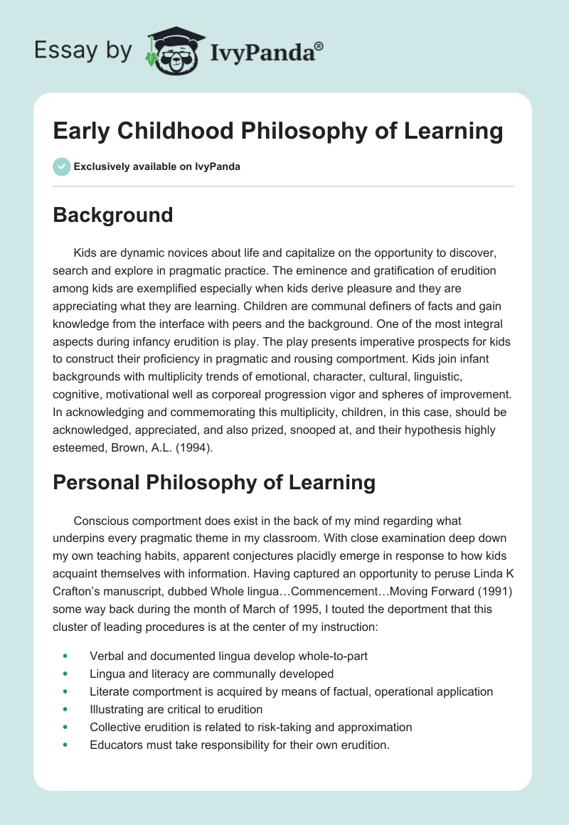 Early Childhood Philosophy of Learning. Page 1