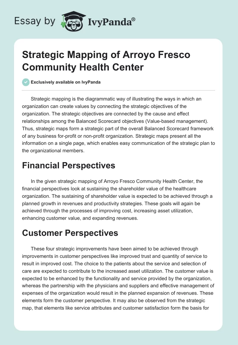 Strategic Mapping of Arroyo Fresco Community Health Center. Page 1