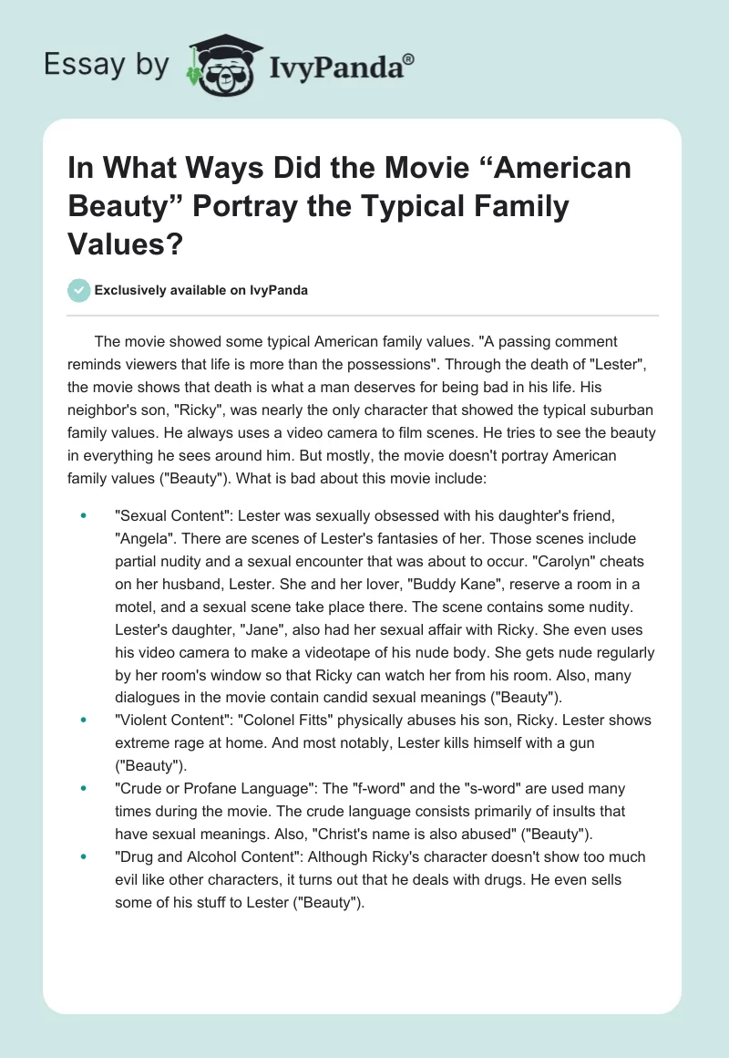 In What Ways Did the Movie “American Beauty” Portray the Typical Family Values?. Page 1